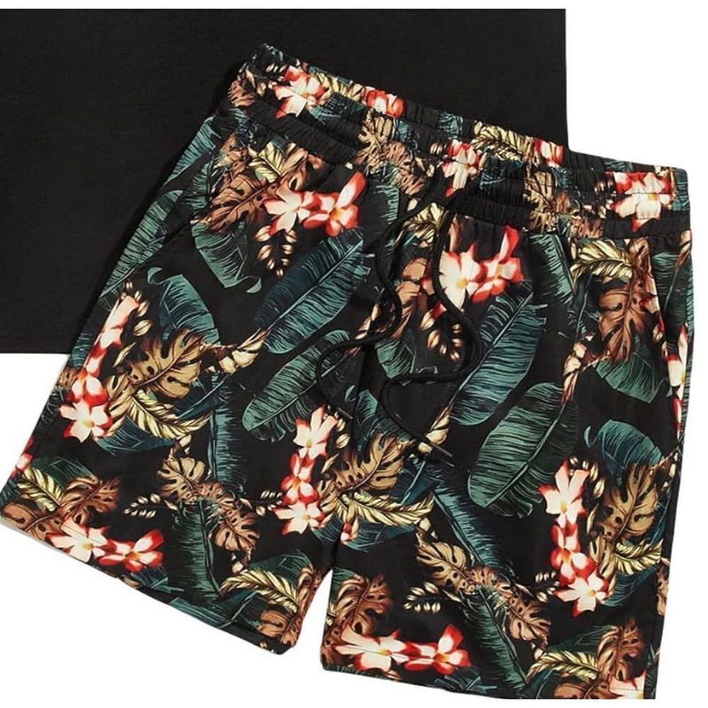 NEW Mens Black Floral Print Elastic Waist Shorts 2X